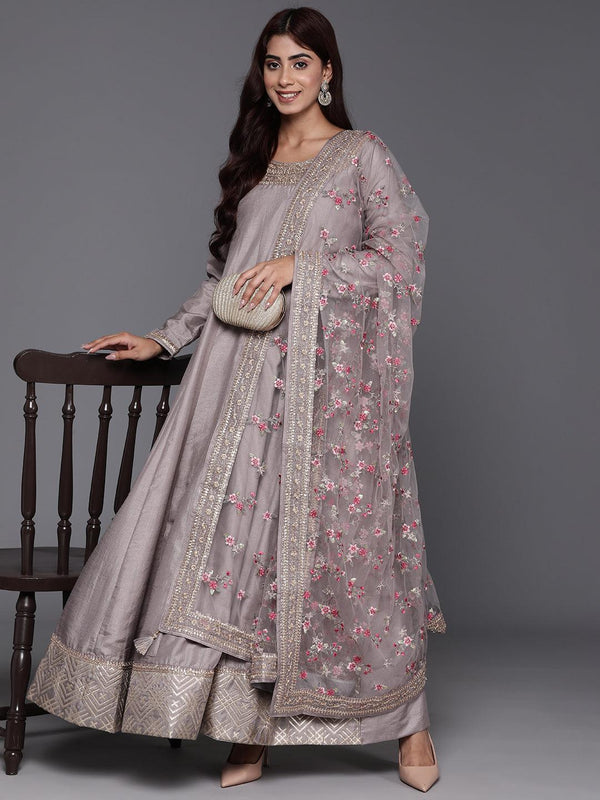 Jashvi Art Grey Yoke Design Silk Anarkali Kurta With Trousers & Dupatta - Jashvi