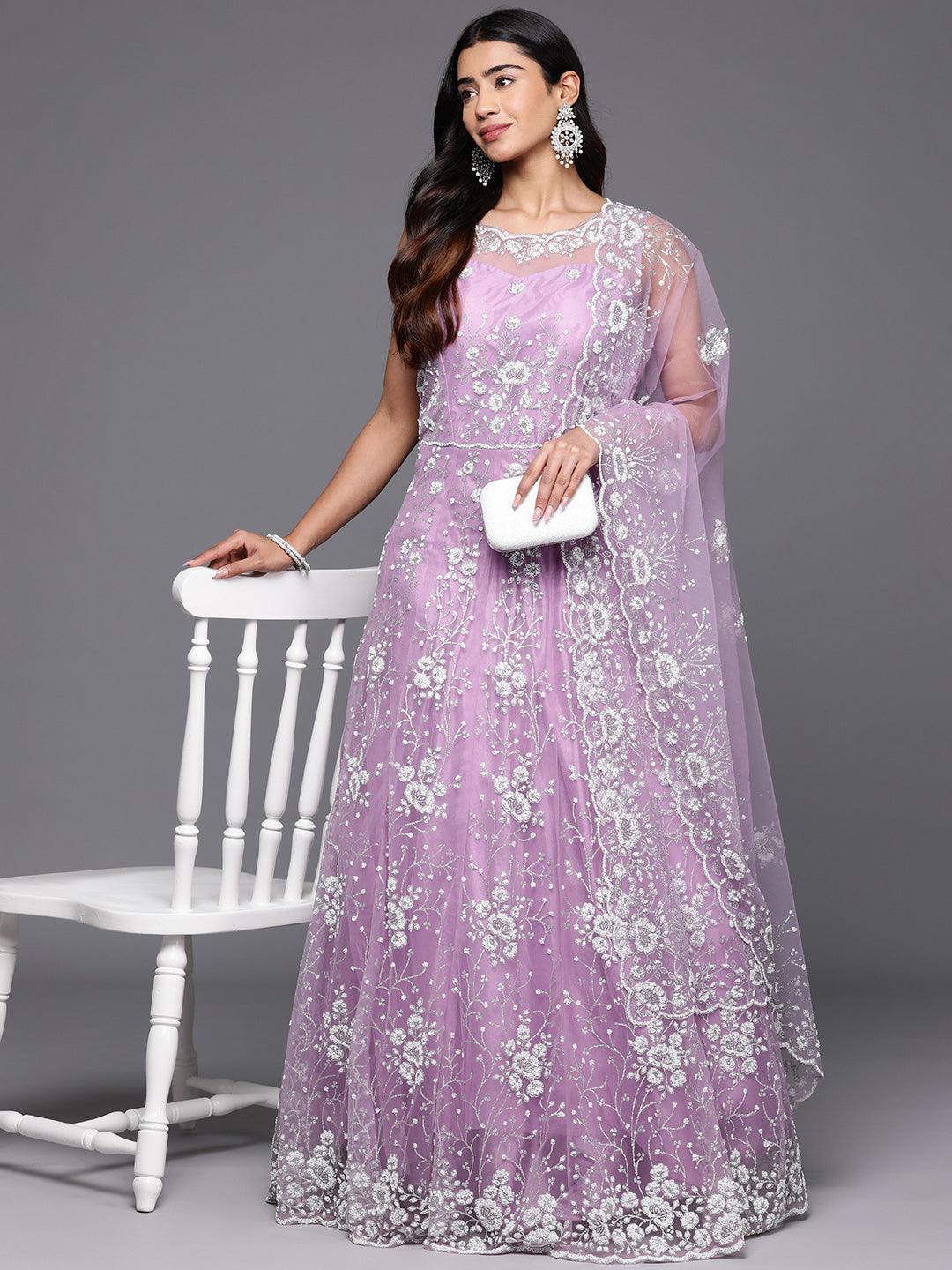 Jashvi Art Lavender Embellished Net Gown Dress With Dupatta - Jashvi