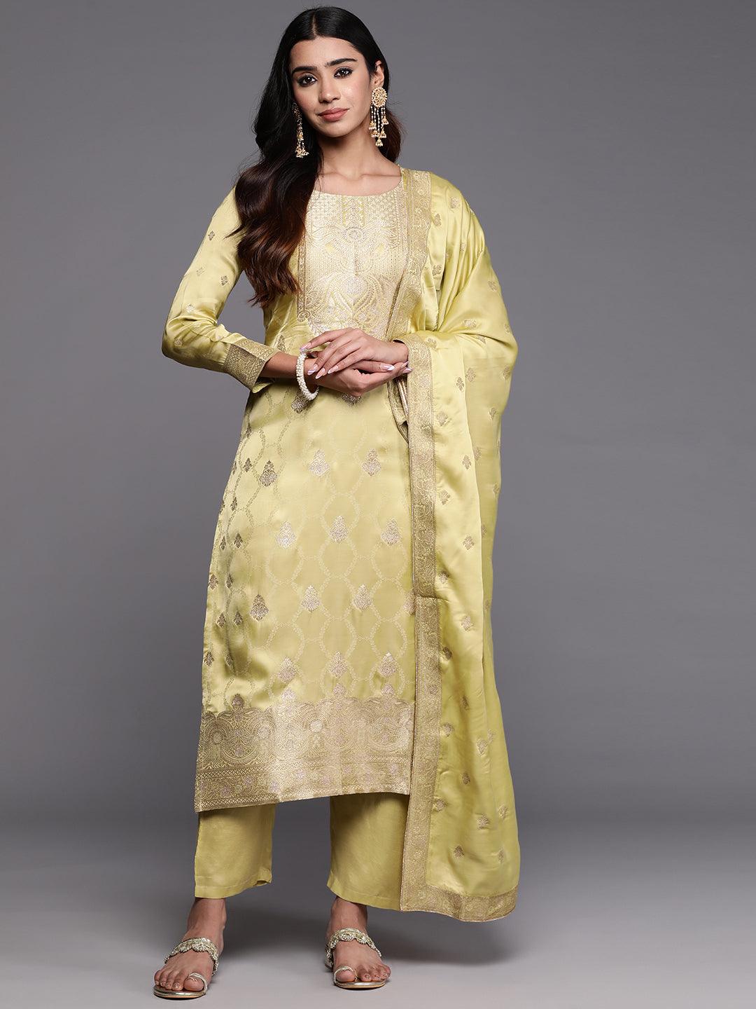 Jashvi Art Lime Green Woven Design Silk Straight Kurta With Trousers & Dupatta - Jashvi