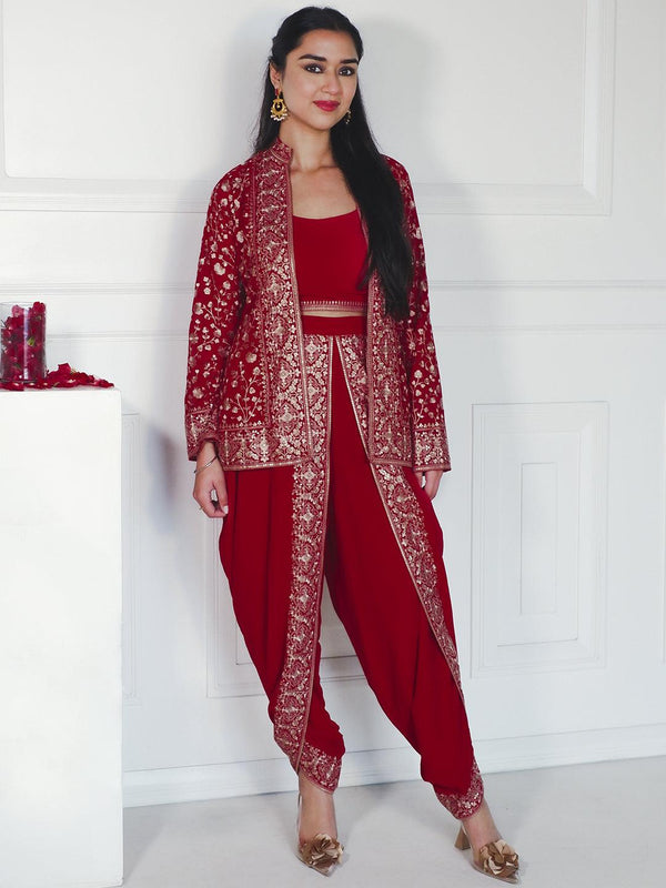 Jashvi Art Magenta Embellished Georgette Top With Trousers & Jacket - Jashvi