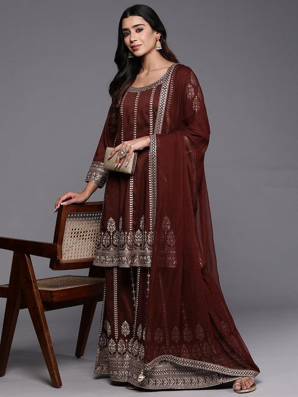 Jashvi Art Maroon Embroidered Silk Blend Anarkali Kurta With Palazzos & Dupatta - Jashvi