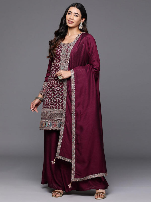 Jashvi Art Maroon Embroidered Silk Blend Straight Kurta With Palazzos & Dupatta - Jashvi