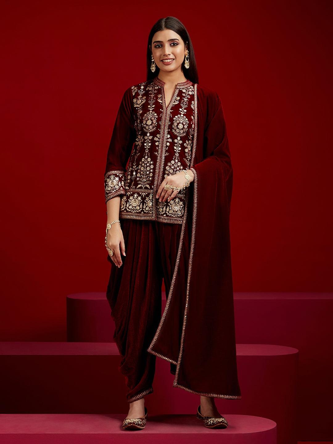 Jashvi Art Maroon Embroidered Velvet Straight Kurti With Dhoti Pants & Dupatta - Jashvi