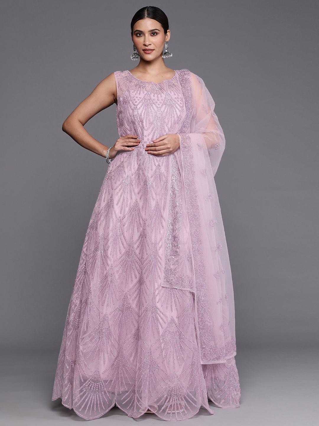 Jashvi Art Mauve Embellished Net Gown Dress With Dupatta - Jashvi