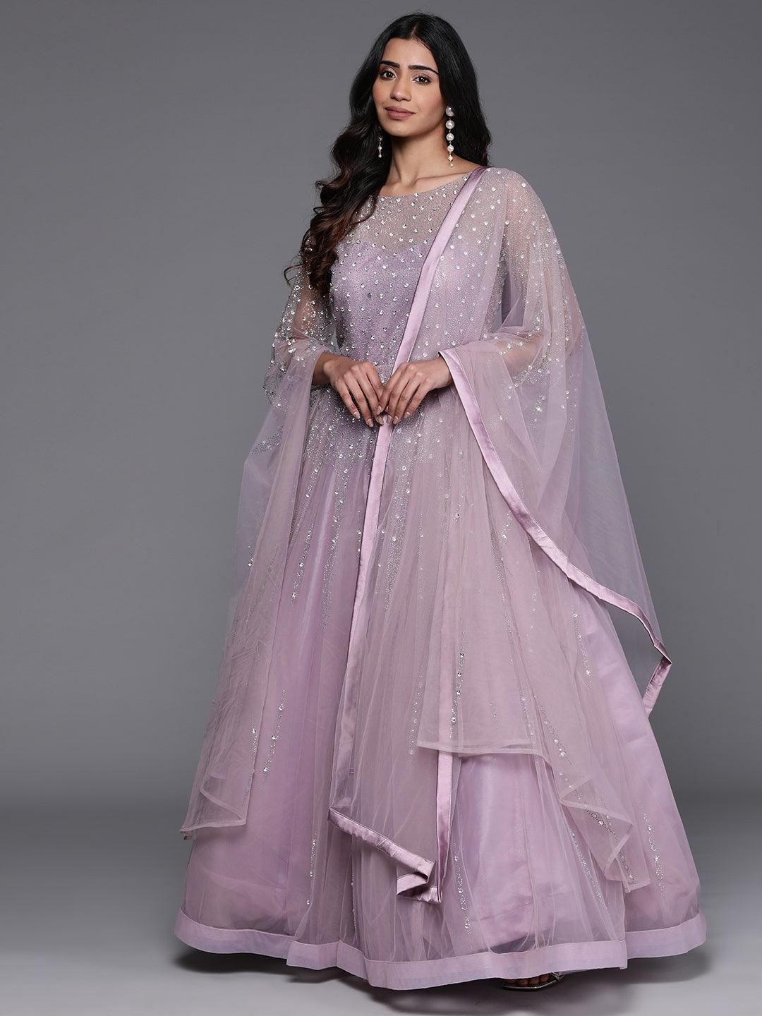 Jashvi Art Mauve Embellished Polyester Gown With Dupatta - Jashvi