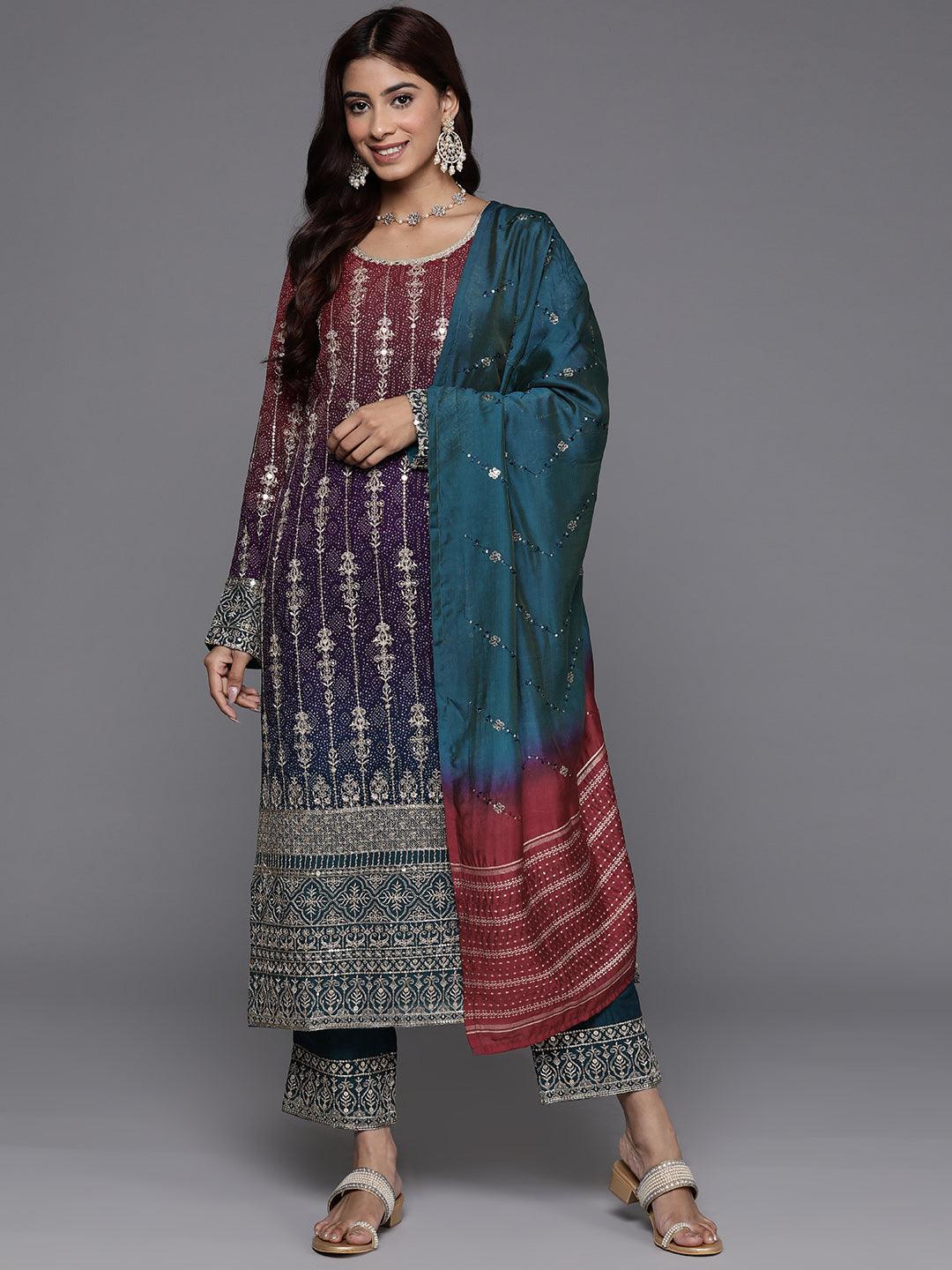 Jashvi Art Multi Embroidered Georgette Straight Kurta With Trousers & Dupatta - Jashvi