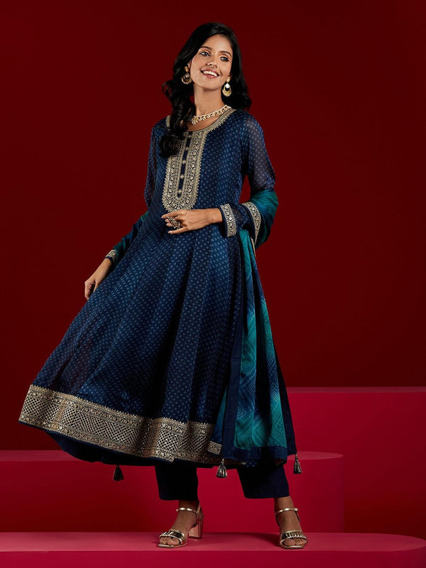 Jashvi Art Navy Blue Yoke Design Chiffon Anarkali Kurta With Trousers & Dupatta - Jashvi