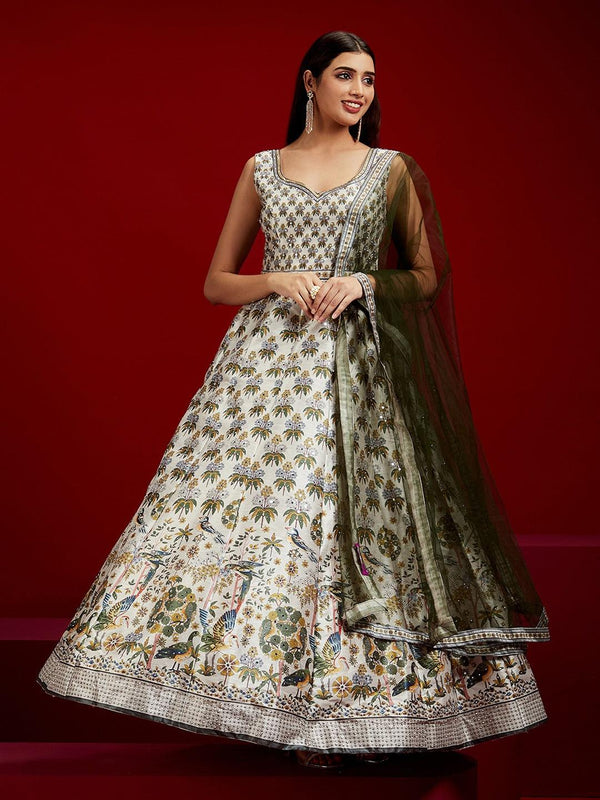 Jashvi Art Off White Printed Silk Gown - Jashvi