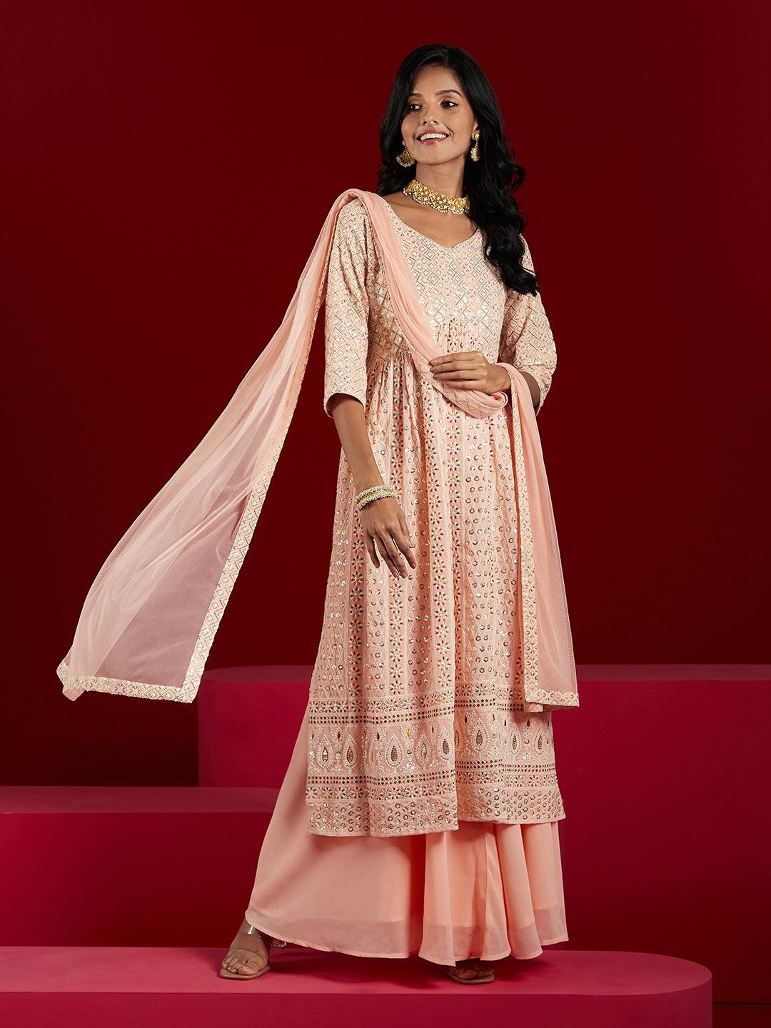 Jashvi Art Peach Embroidered Georgette A-Line Kurta With Palazzos & Dupatta - Jashvi