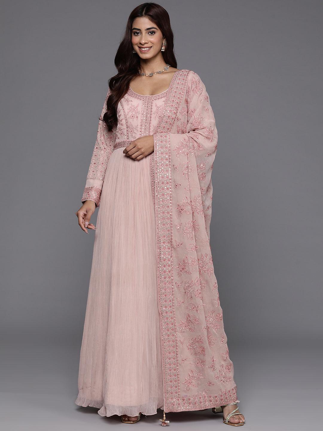 Jashvi Art Peach Embroidered Georgette Anarkali Kurta With Trousers & Dupatta - Jashvi