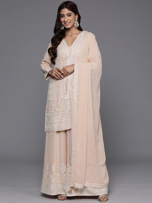 Jashvi Art Peach Embroidered Georgette Straight Kurta With Palazzos & Dupatta - Jashvi