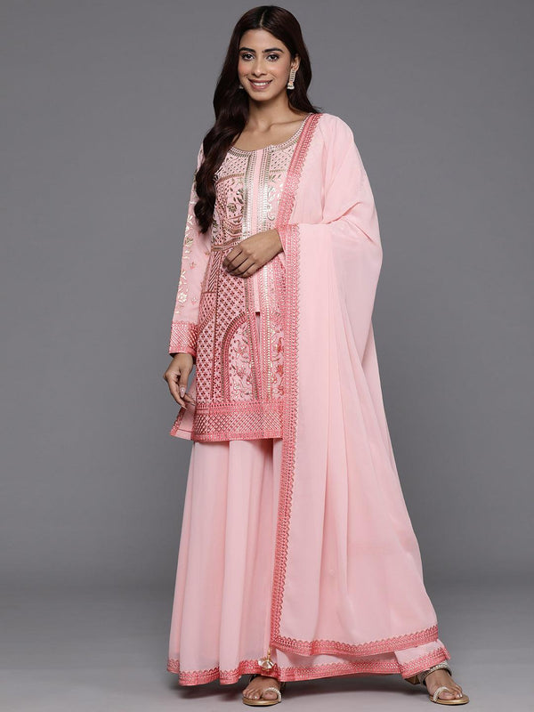 Jashvi Art Peach Embroidered Georgette Straight Kurta With Palazzos & Dupatta - Jashvi