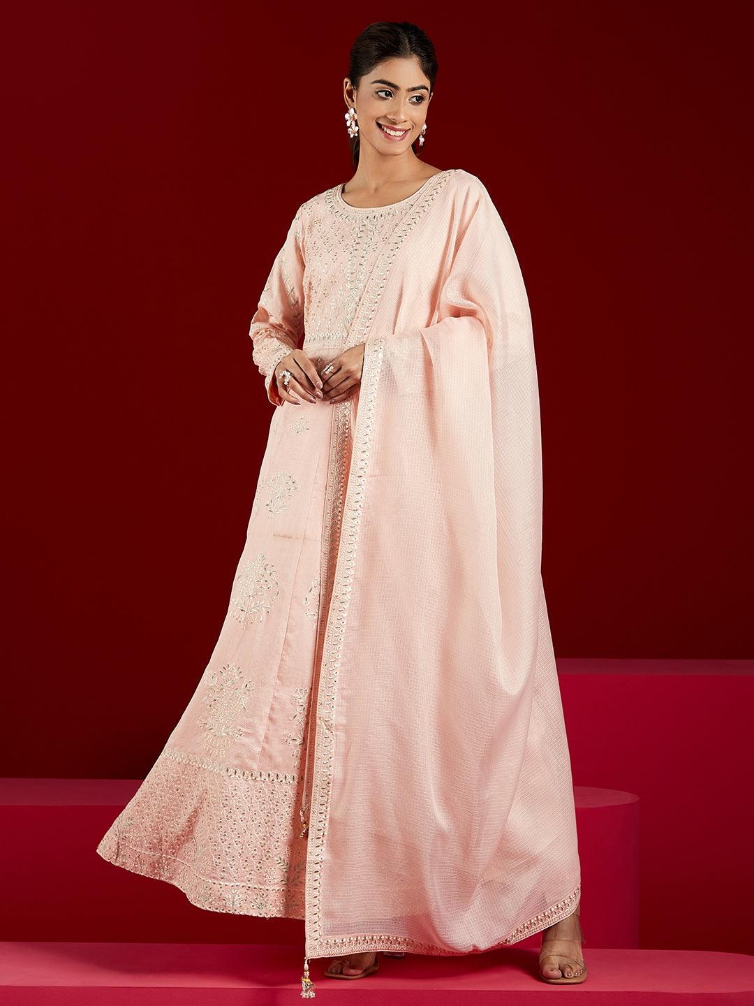 Jashvi Art Peach Embroidered Silk A-Line Kurta With Trousers & Dupatta - Jashvi