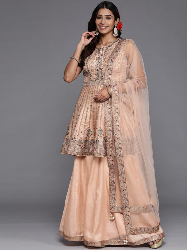 Jashvi Art Peach Embroidered Silk Anarkali Suit Set - Jashvi