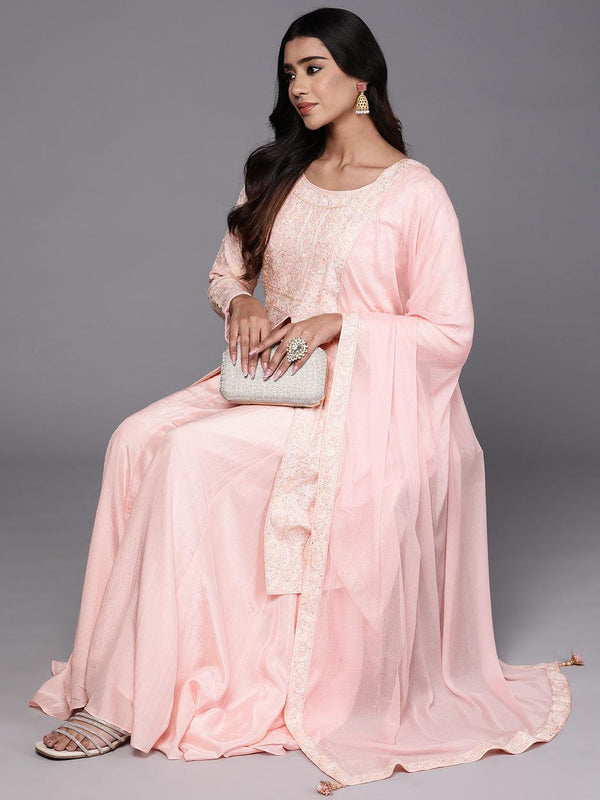 Jashvi Art Peach Embroidered Silk Blend A-Line Kurta With Palazzos & Dupatta - Jashvi