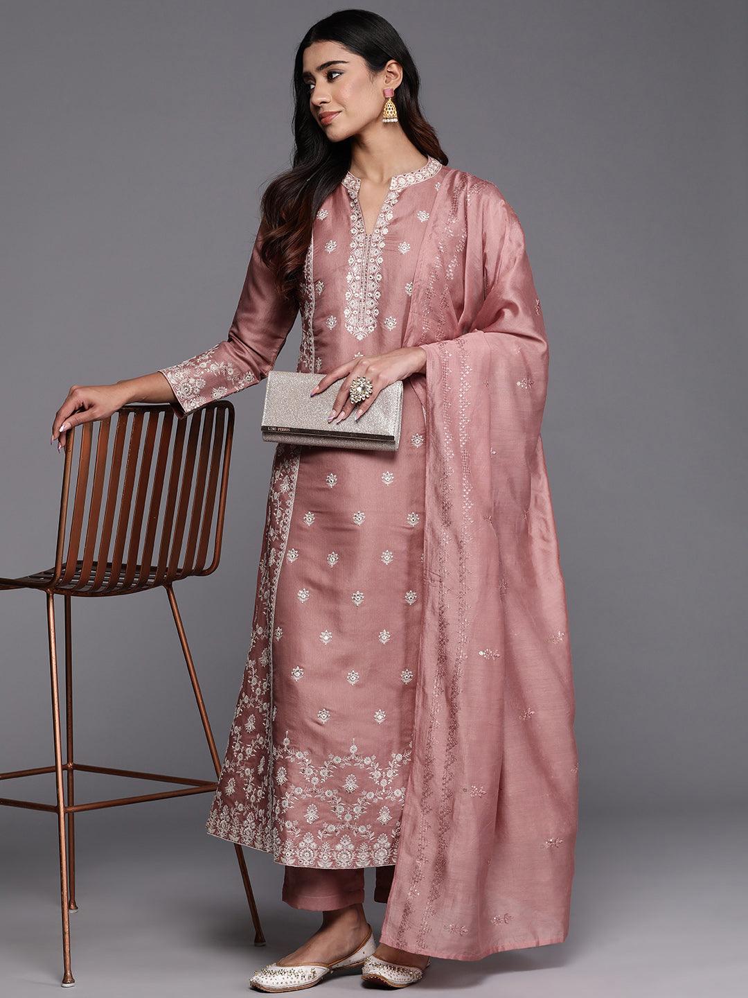 Jashvi Art Peach Embroidered Silk Blend A-Line Kurta With Trousers & Dupatta - Jashvi