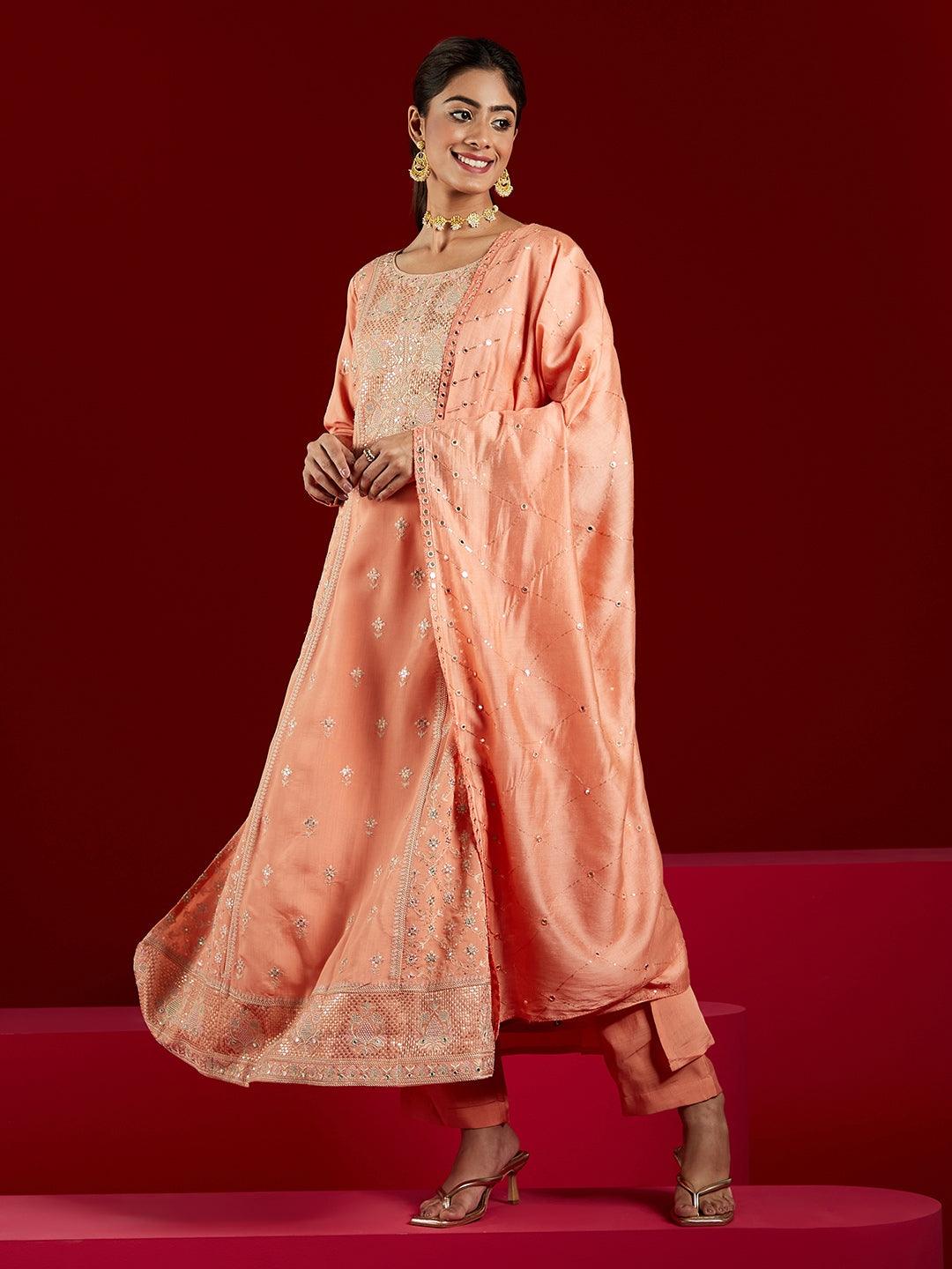 Jashvi Art Peach Embroidered Silk Blend A-Line Kurta With Trousers & Dupatta - Jashvi