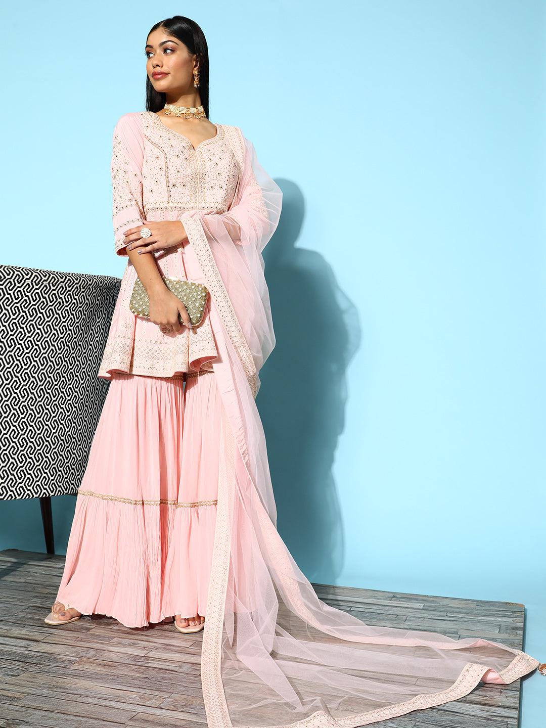 Jashvi Art Peach Embroidered Silk Blend A-Line Sharara Suit Set - Jashvi