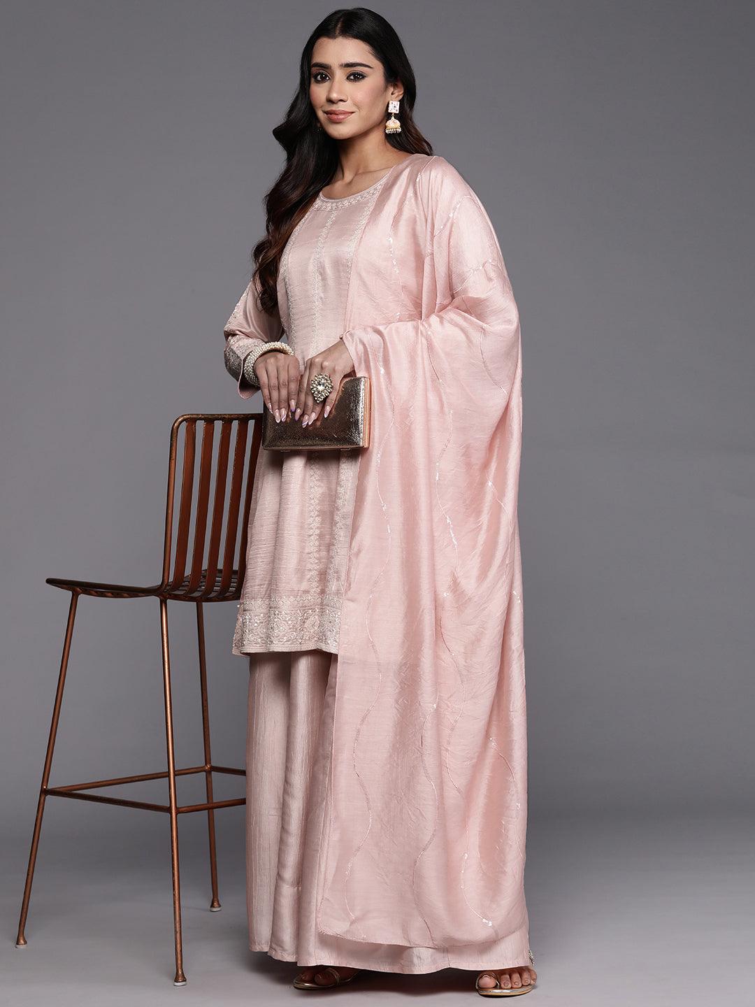 Jashvi Peach Embroidered Silk Blend Anarkali Kurta With Palazzos & Dupatta - Jashvi