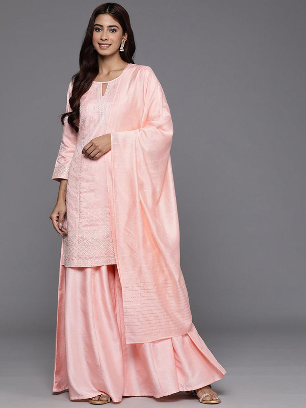 Jashvi Art Peach Embroidered Silk Blend Straight Kurta With Palazzos & Dupatta - Jashvi