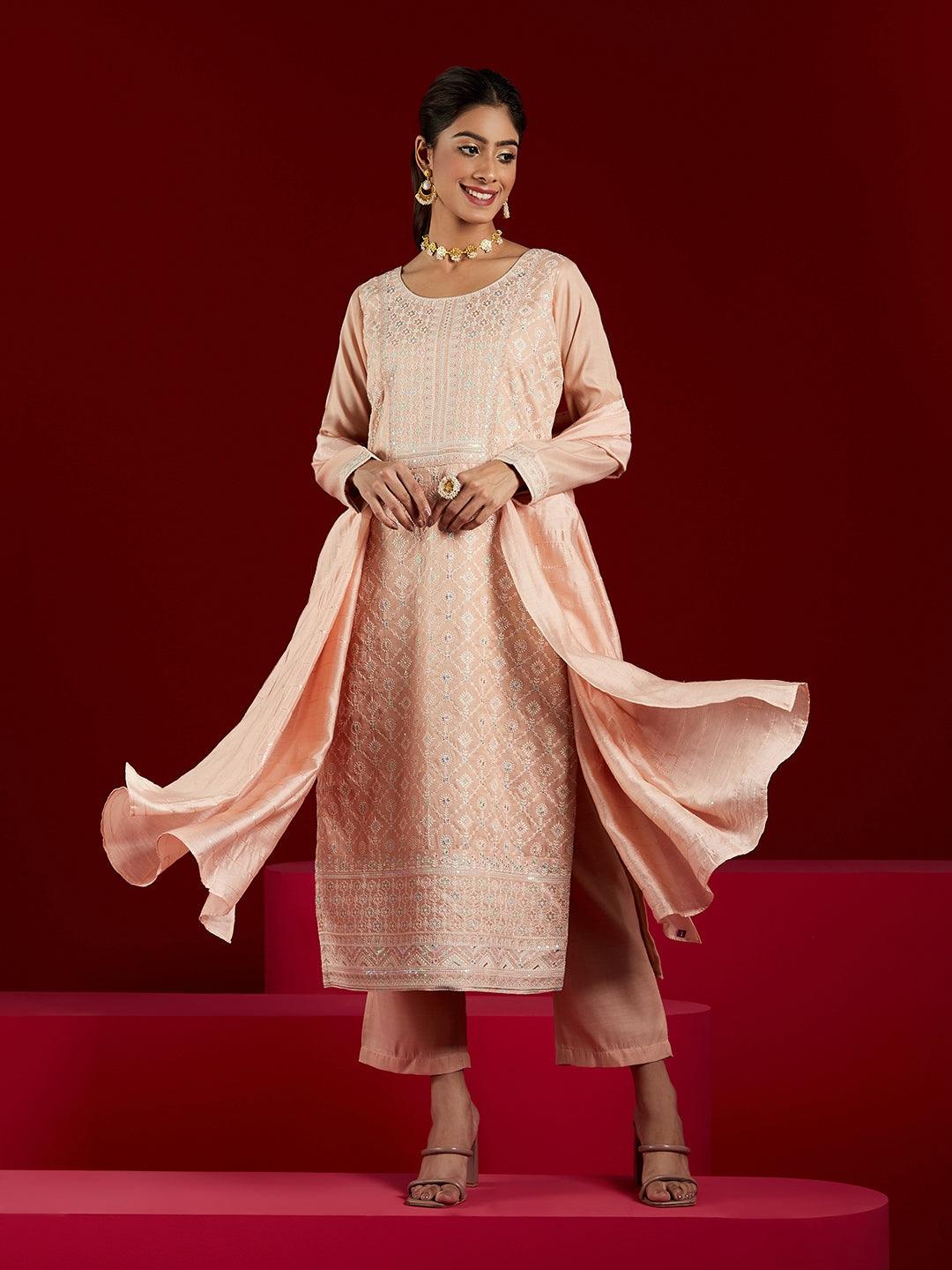 Jashvi Art Peach Embroidered Silk Blend Straight Kurta With Trousers & Dupatta - Jashvi