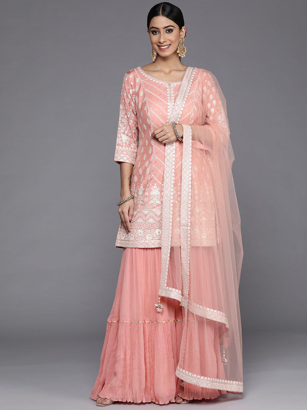 Jashvi Art Peach Embroidered Silk Straight Suit Set - Jashvi