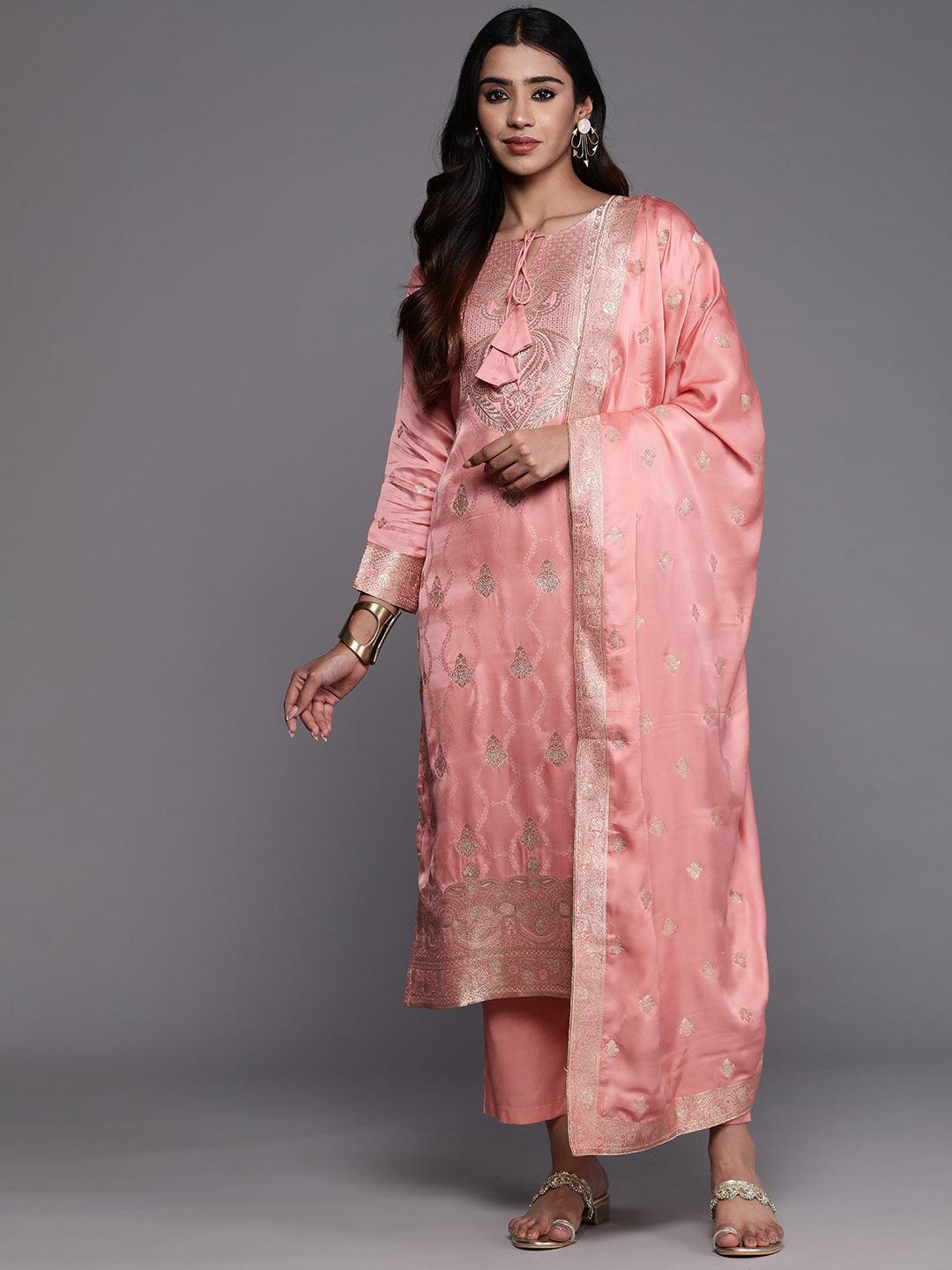 Jashvi Art Peach Woven Design Silk Straight Kurta With Trousers & Dupatta - Jashvi