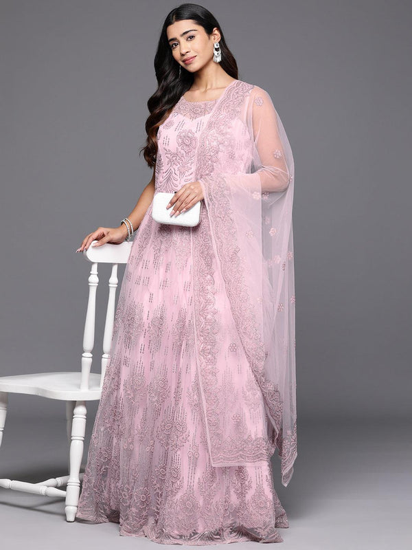 Jashvi Art Pink Embellished Net Gown Dress With Dupatta - Jashvi