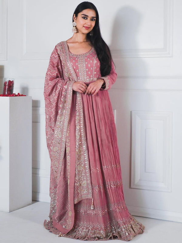 Jashvi Art Pink Embroidered Georgette A-Line Kurta With Trousers & Dupatta - Jashvi