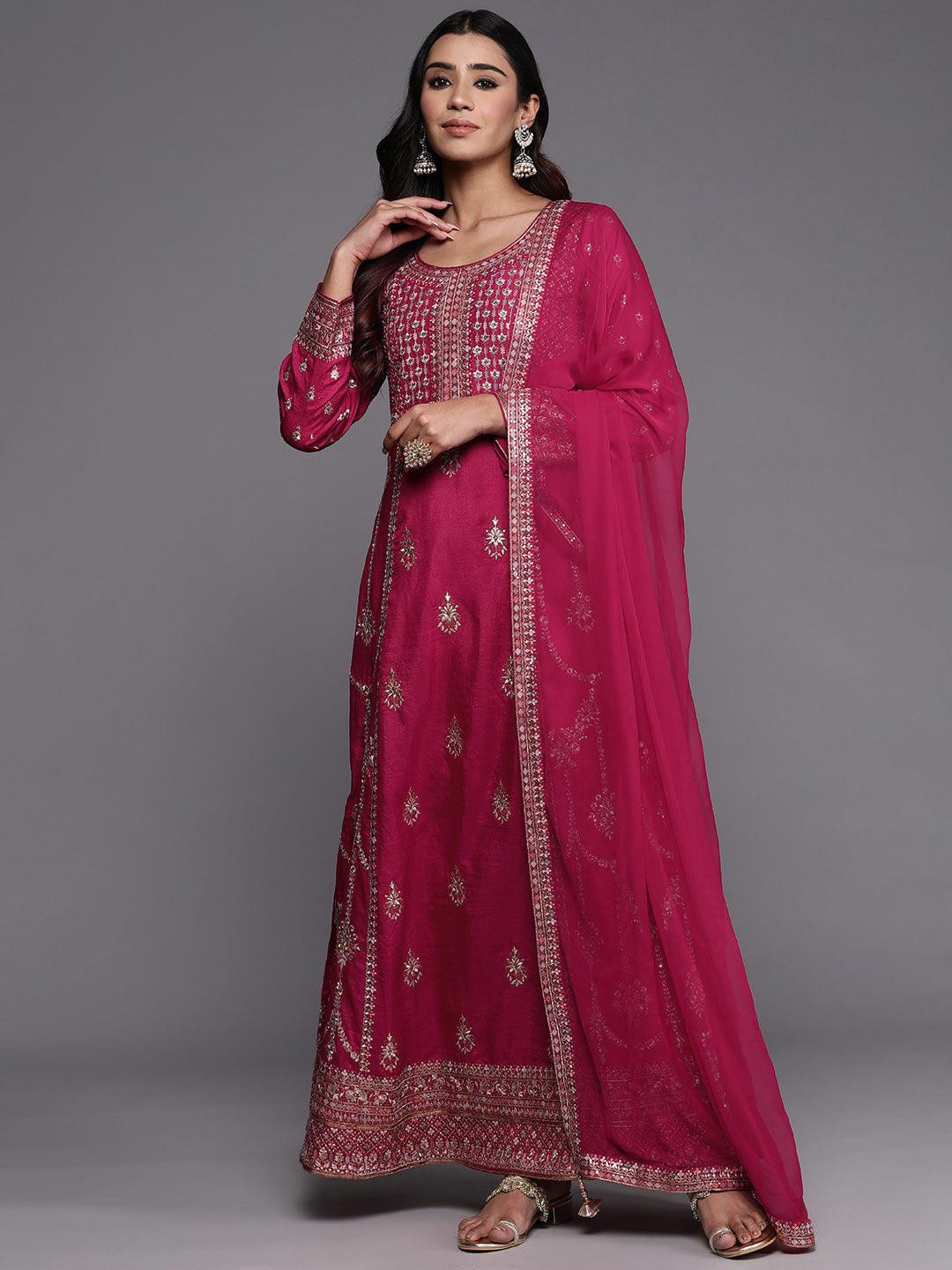 Jashvi Art Pink Embroidered Silk Blend A-Line Kurta With Trousers & Dupatta - Jashvi