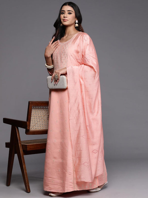 Jashvi Art Pink Embroidered Silk Blend A-Line Kurta With Trousers & Dupatta - Jashvi