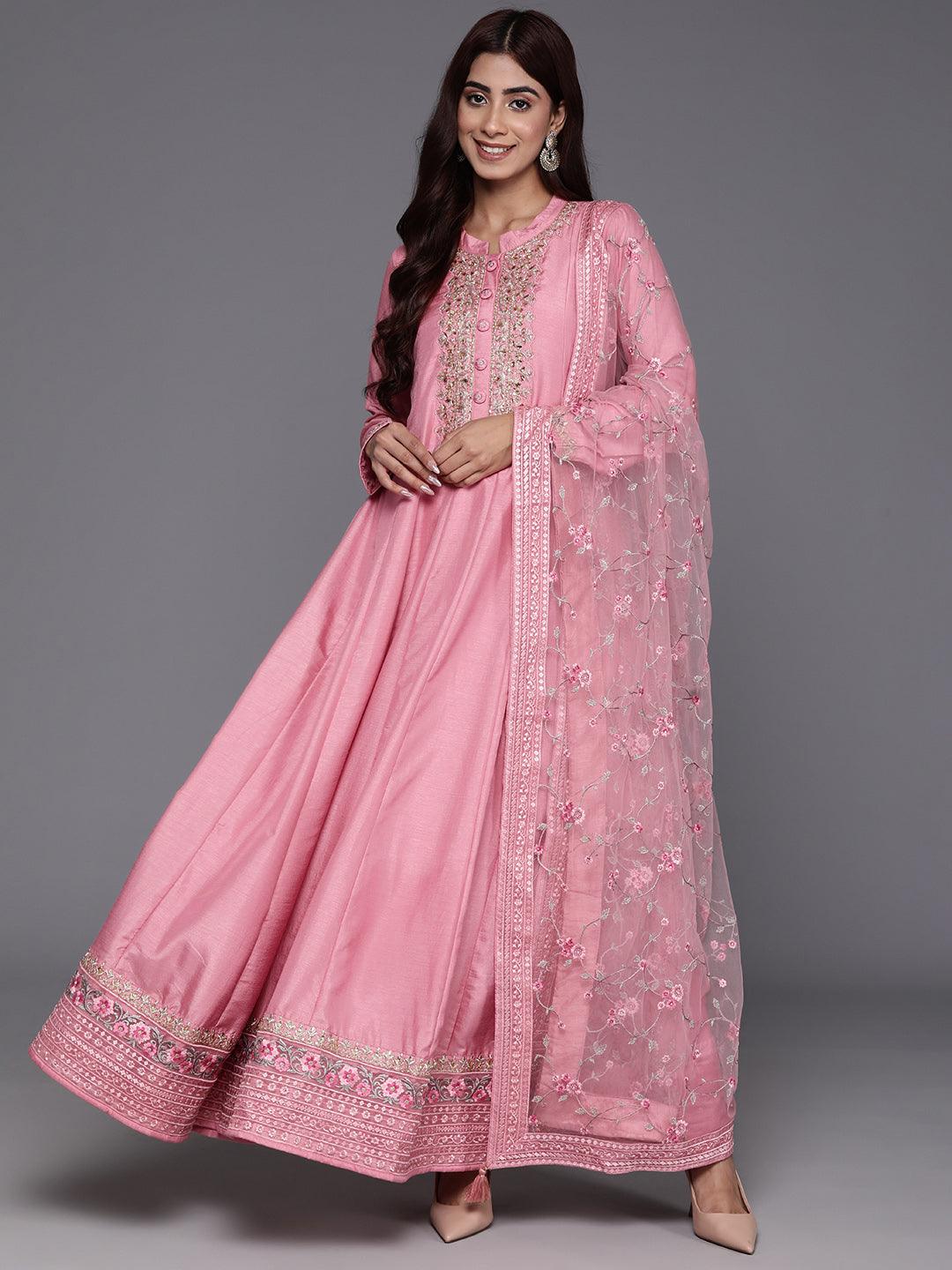 Jashvi Art Pink Yoke Design Silk Anarkali Kurta With Trousers & Dupatta - Jashvi