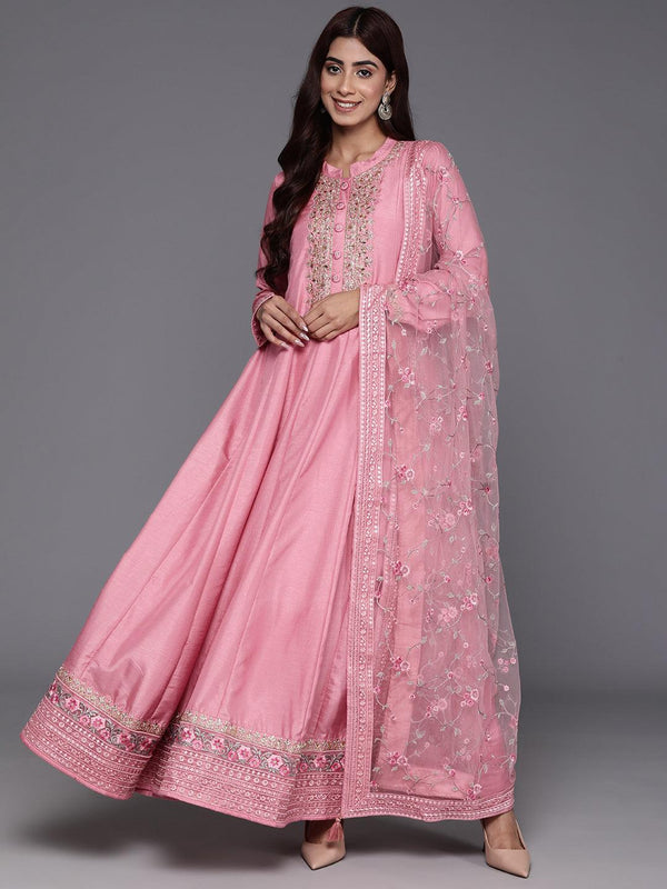 Jashvi Art Pink Yoke Design Silk Anarkali Kurta With Trousers & Dupatta - Jashvi