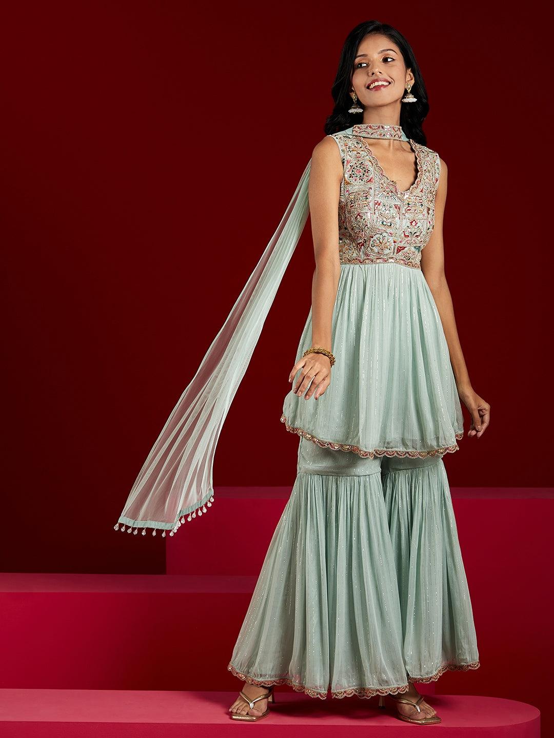 Jashvi Powder Blue Embroidered Chiffon A-Line Kurti With Sharara & Dupatta - Jashvi