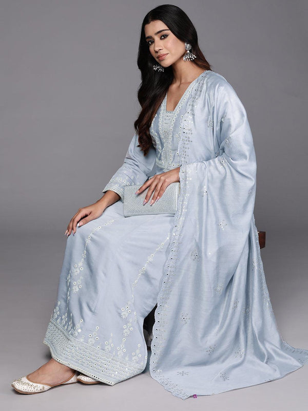 Jashvi Art Powder Blue Embroidered Silk Blend A-Line Kurta With Trousers & Dupatta - Jashvi