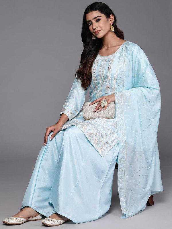 Jashvi Art Powder Blue Embroidered Silk Blend Straight Kurta With Palazzos & Dupatta - Jashvi