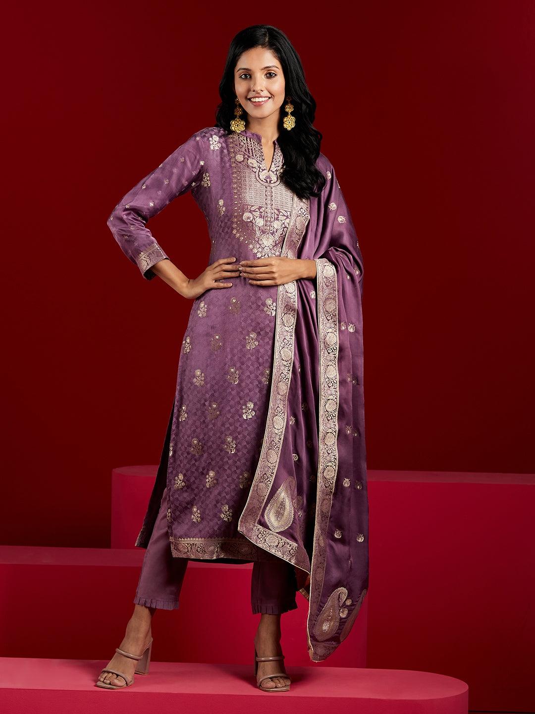 Jashvi Art Purple Self Design Silk Straight Kurta With Trousers & Dupatta - Jashvi