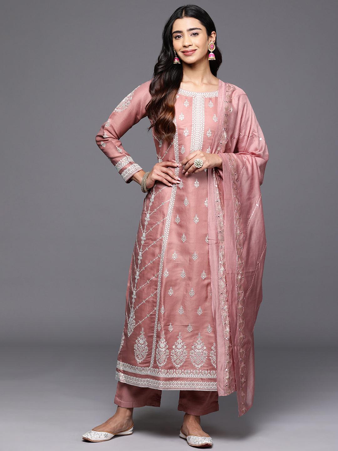 Jashvi Art Rusty Pink Embroidered Silk Blend A-Line Kurta With Trousers & Dupatta - Jashvi