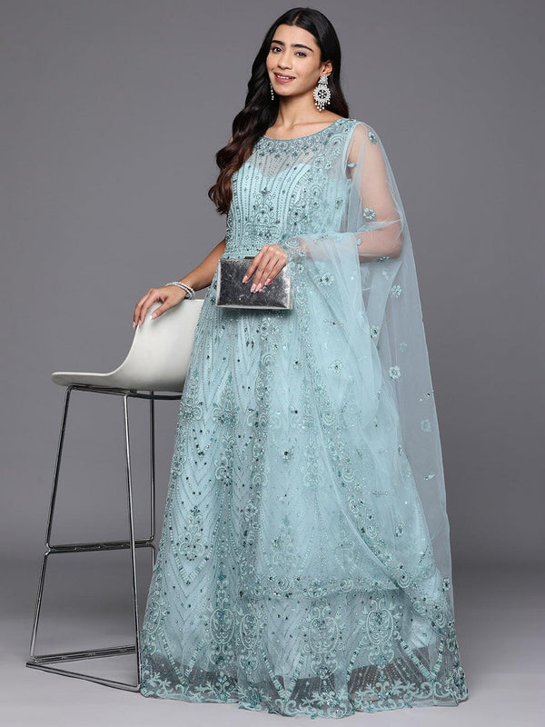 Jashvi Art Sea Green Embellished Net Gown Dress With Dupatta - Jashvi