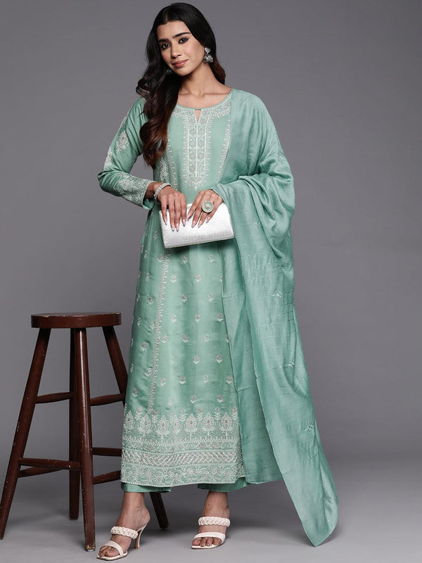 Jashvi Art Sea Green Embroidered Silk Blend A-Line Kurta With Trousers & Dupatta - Jashvi