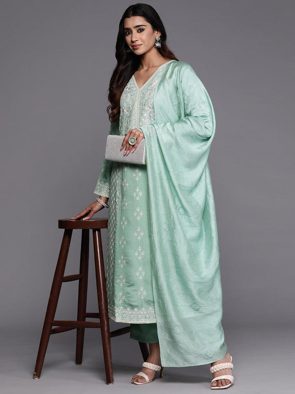 Jashvi Art Sea Green Embroidered Silk Blend A-Line Kurta With Trousers & Dupatta - Jashvi