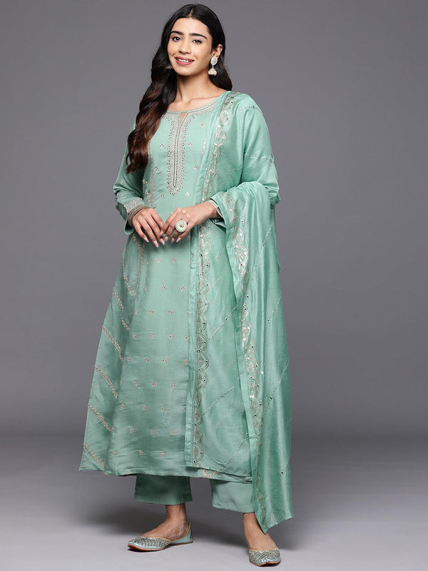 Jashvi Art Sea Green Embroidered Silk Blend A-Line Kurta With Trousers & Dupatta - Jashvi