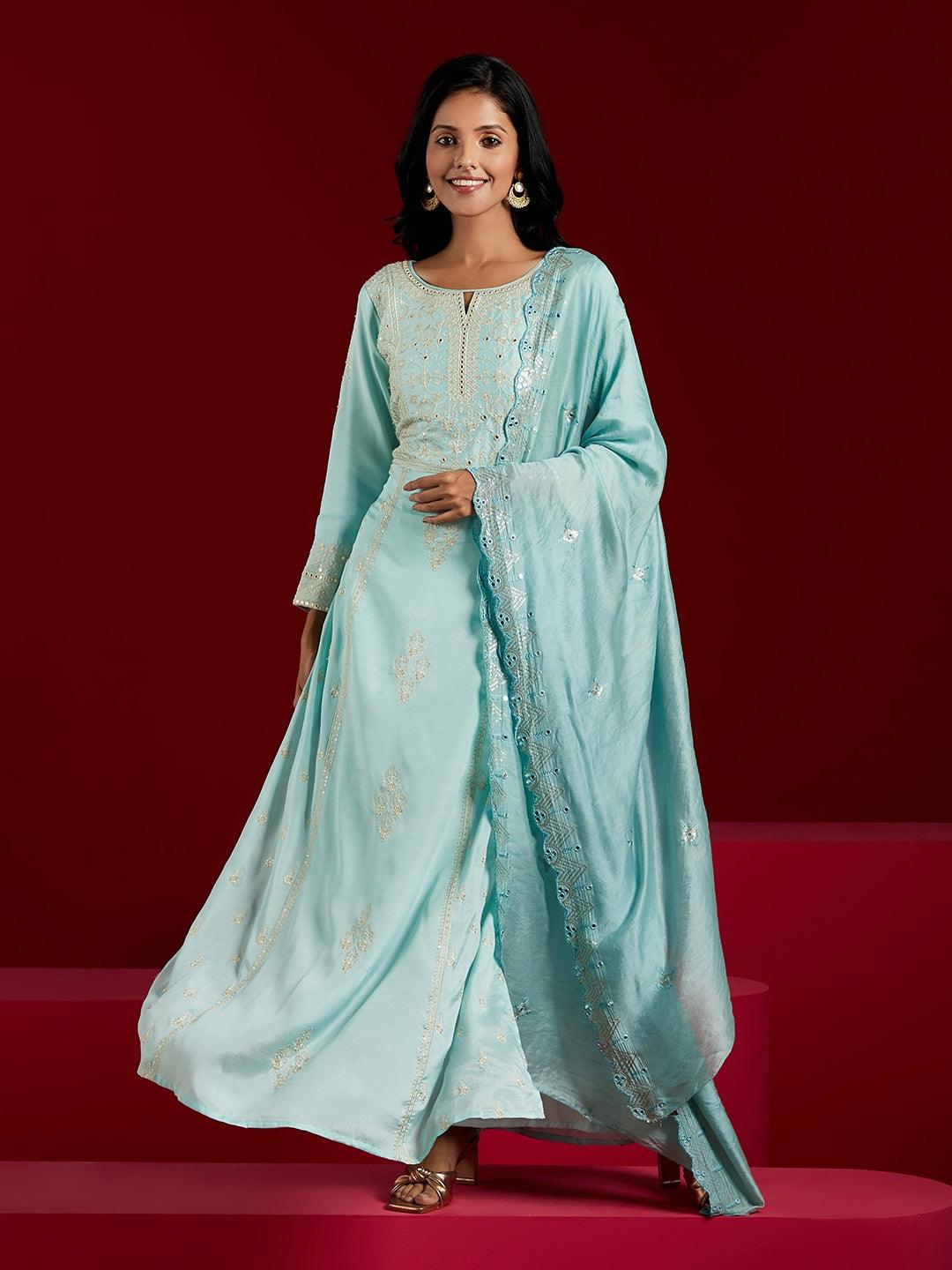 Jashvi Art Sea Green Embroidered Silk Blend A-Line Kurta With Trousers & Dupatta - Jashvi