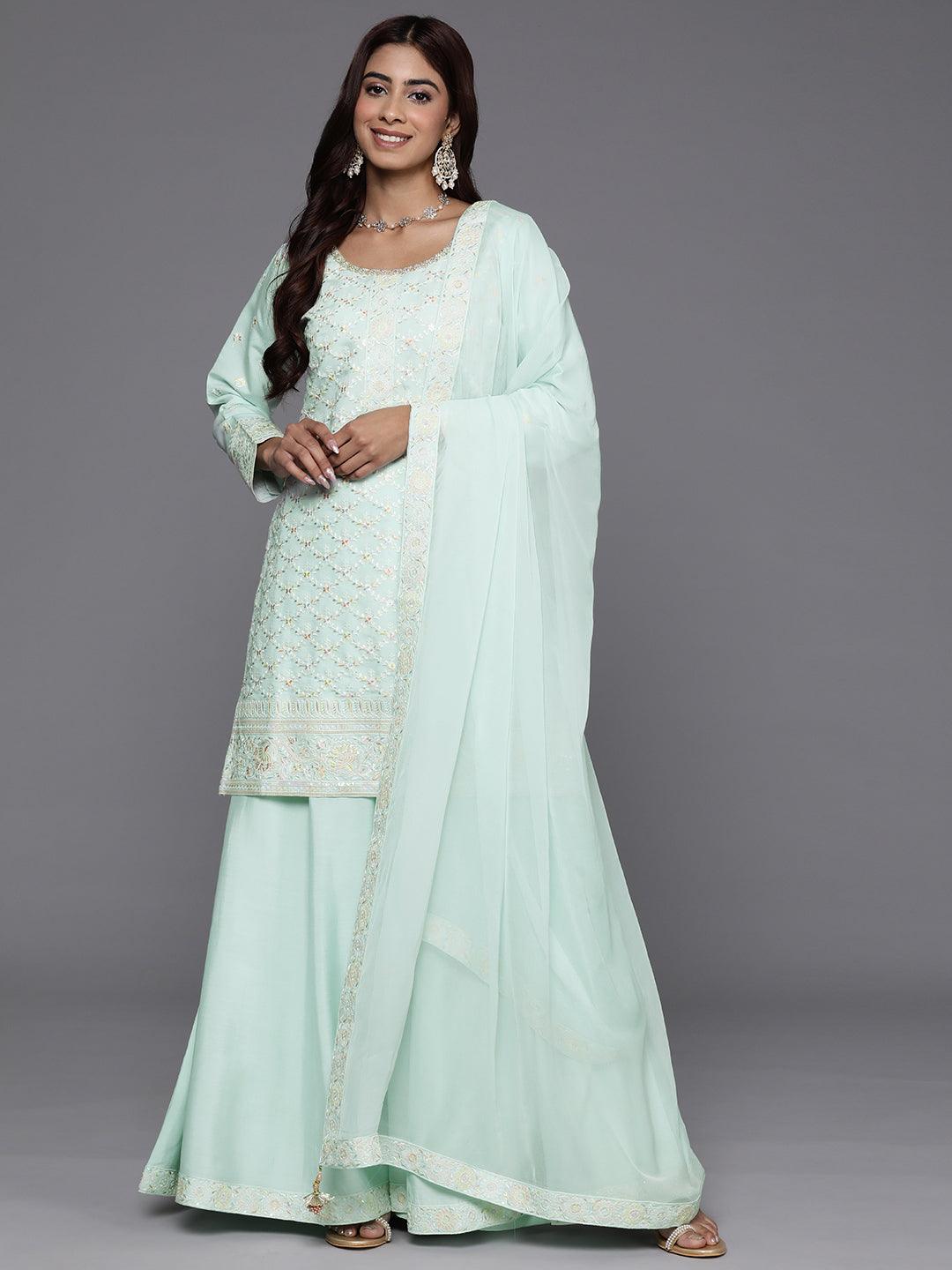 Jashvi Art Sea Green Embroidered Silk Blend Straight Kurta With Palazzos & Dupatta - Jashvi