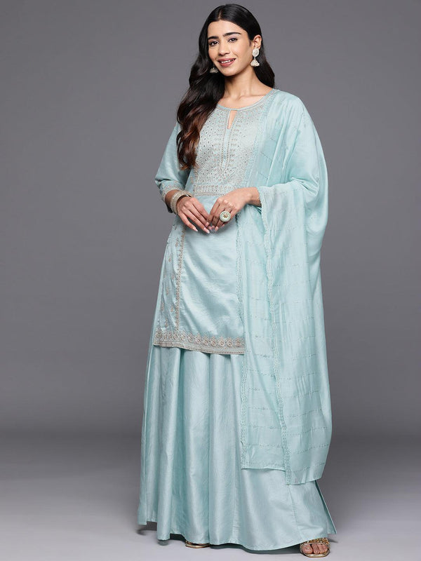 Jashvi Art Sea Green Embroidered Silk Blend Straight Kurta With Palazzos & Dupatta - Jashvi