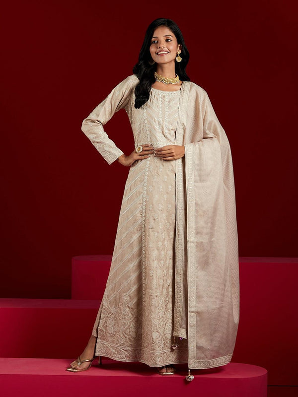 Jashvi Art Taupe Embroidered Silk A-Line Kurta With Trousers & Dupatta - Jashvi