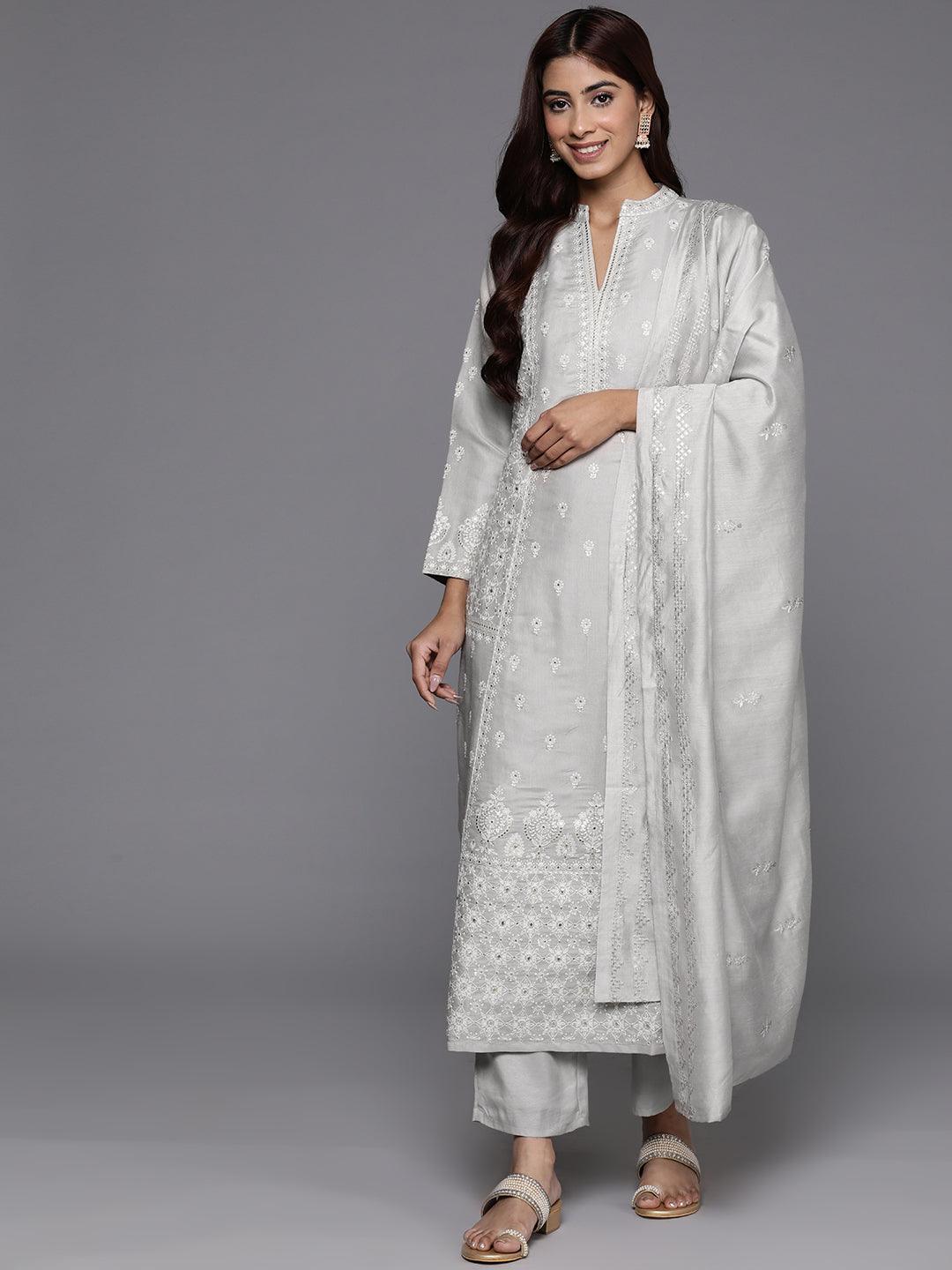 Jashvi Art Taupe Embroidered Silk Blend A-Line Kurta With Trousers & Dupatta - Jashvi