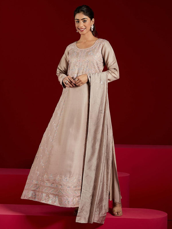 Jashvi Art Taupe Embroidered Silk Blend A-Line Kurta With Trousers & Dupatta - Jashvi