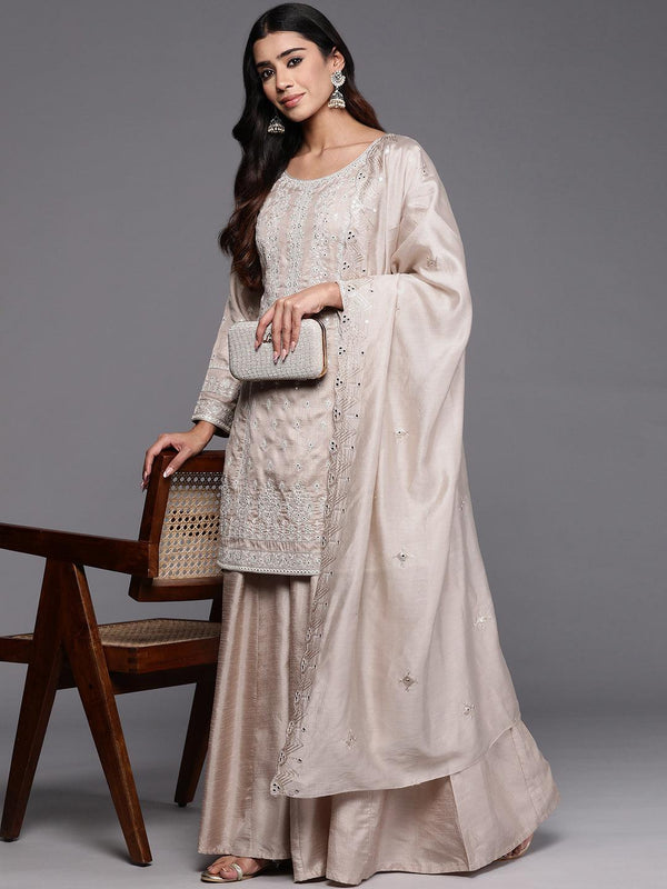 Jashvi Art Taupe Embroidered Silk Blend Straight Kurta With Palazzos & Dupatta - Jashvi