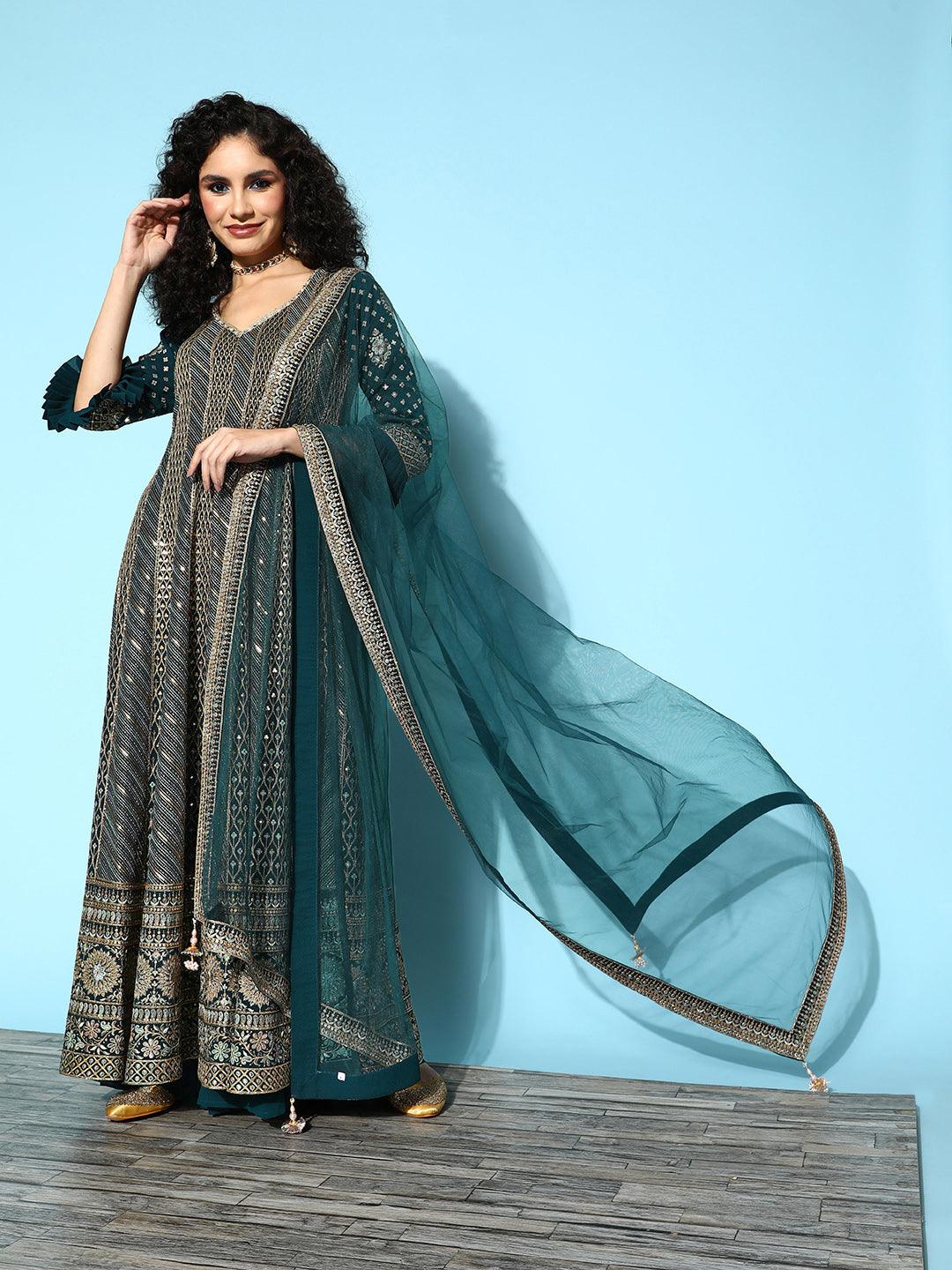 Jashvi Teal Embroidered Georgette A-Line Suit Set With Palazzos - Jashvi